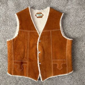 Vintage Western Leather Suede Vest Brown Size 44 Sherpa Lined Made In Mexico